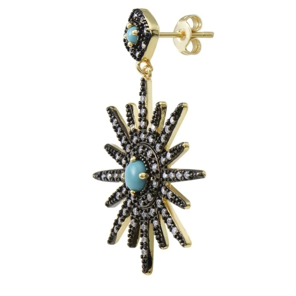 14 Karat Gold Cabochon Turquoise Swarovsk Sunburst Starburst Gunmetal Ea…